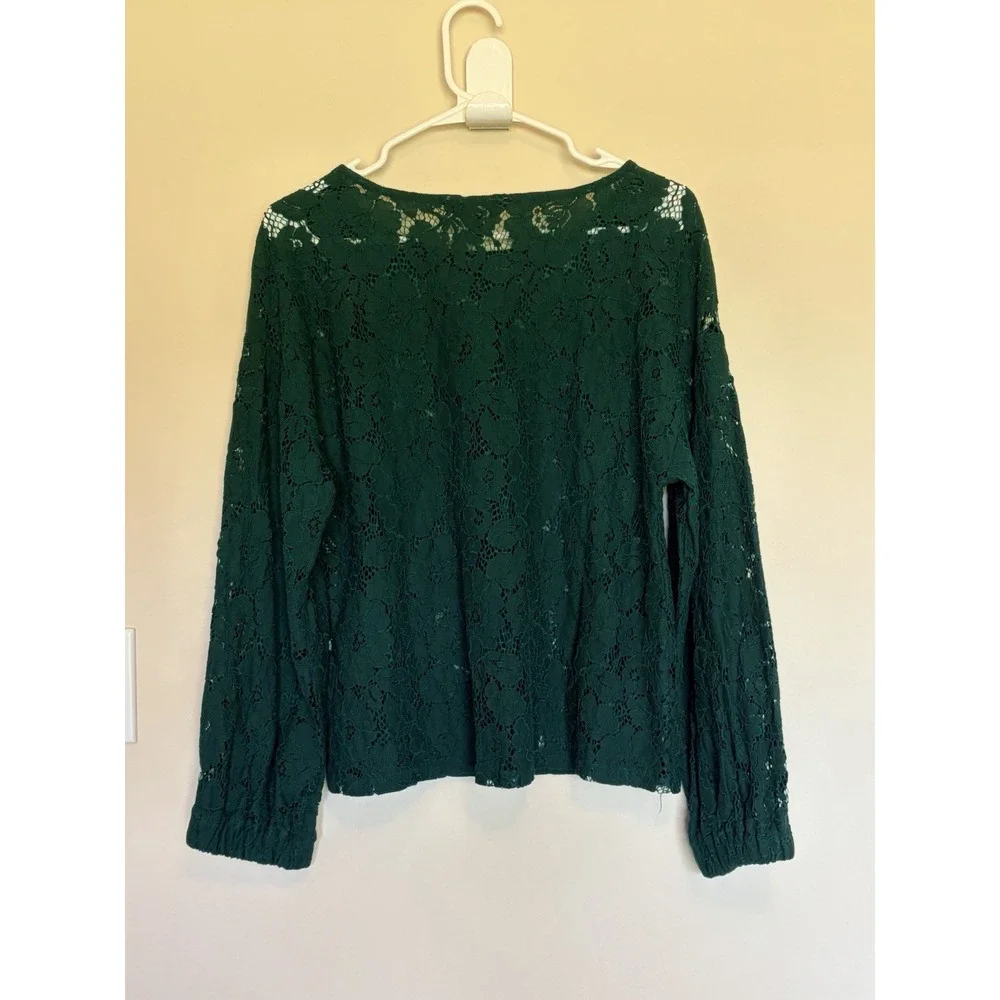 Banana Republic Factory Green Lace Puff Sleeve Top Blouse Shirt Womens Large